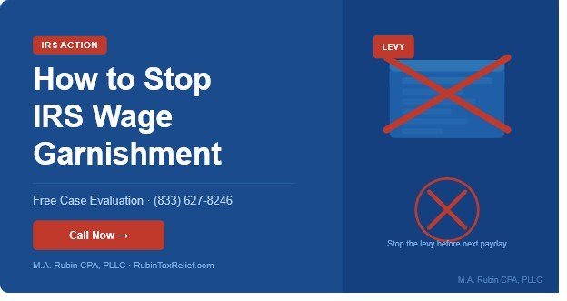 Two-panel ad: left side promotes stopping IRS wage garnishment with a Call Now button; right side shows a 'LEVY' graphic with a crossed-out document and a 'stop the levy' message.